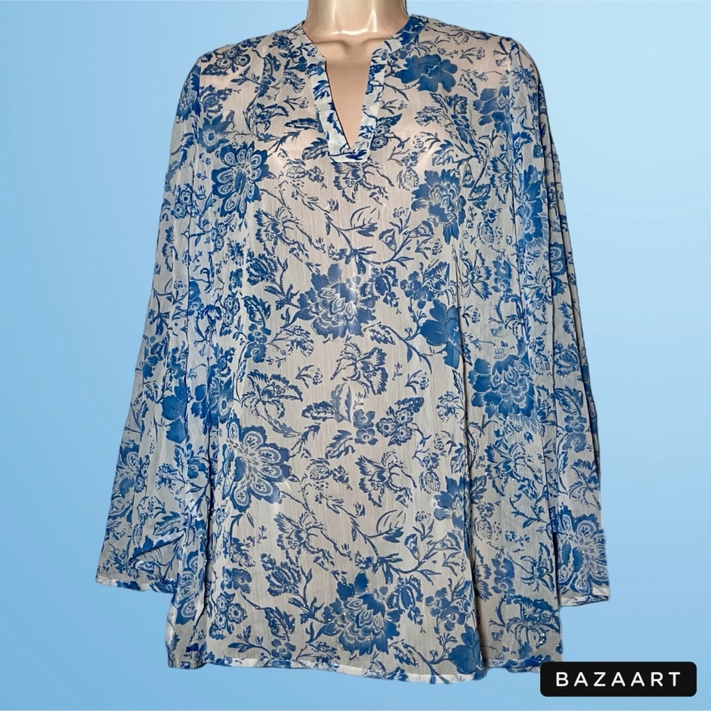 🌪️ QVC Susan Graver Blue & White Floral Print Semi-Sheer Overlay Top